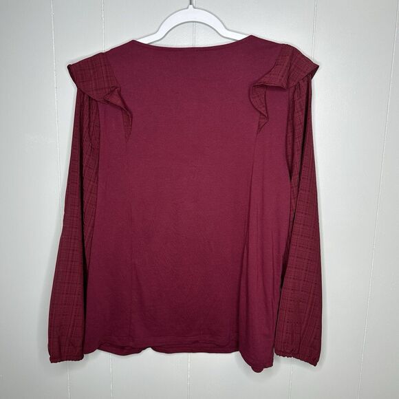 J Crew Ruffle Shoulder Top Womens Large L Burgundy Jacquard Sleeves Peasant - Picture 2 of 12